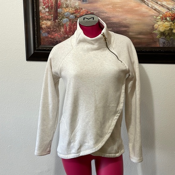 Athleta Cozy Karma Asymmetric Fleece Mock Neck Funnel Pullover Oatmeal Heather - Picture 2 of 16
